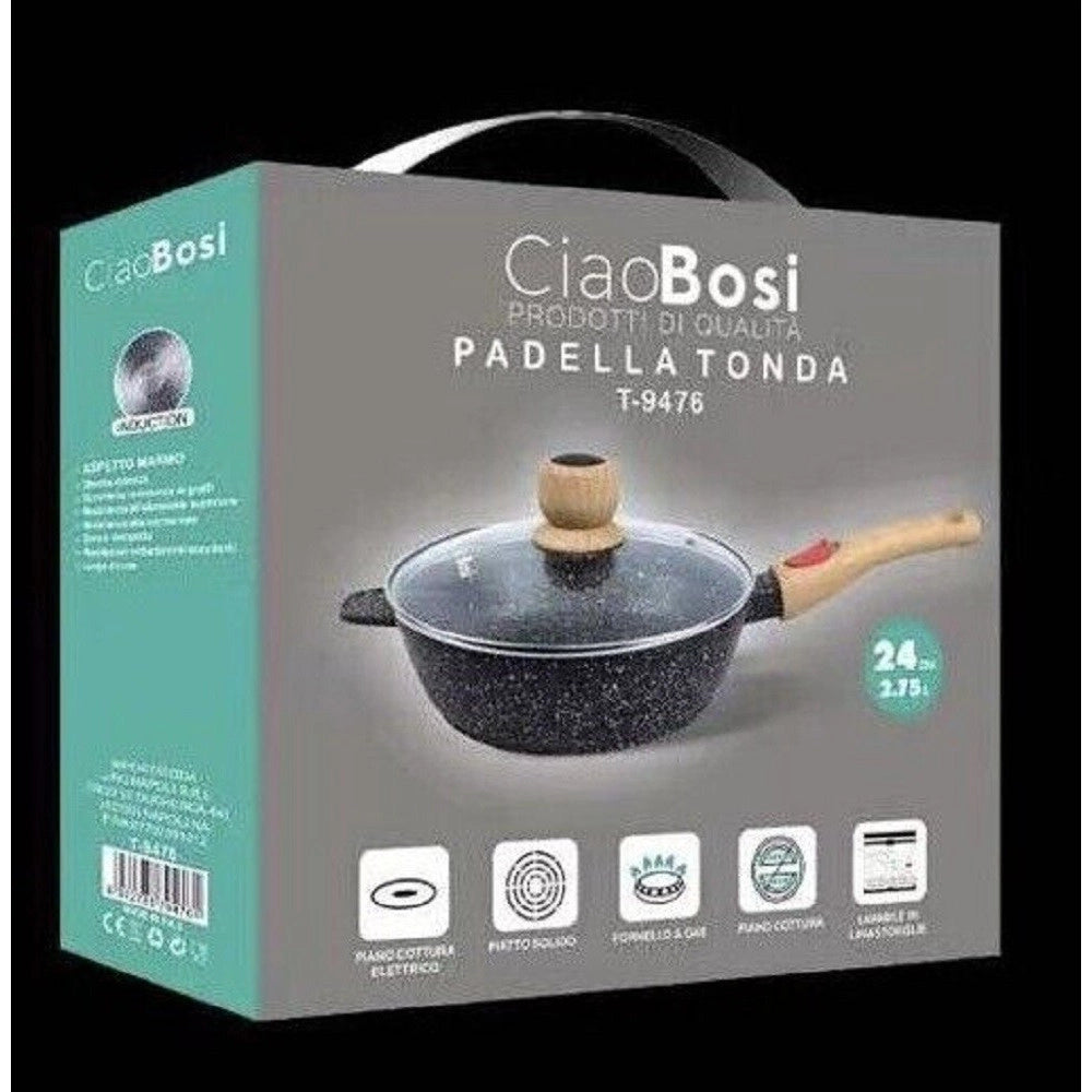 Trade Shop - Padella Tonda T-9476 Cucina 24cm 2.75lt Con Manico Coperchio Per Piano Cottura -
