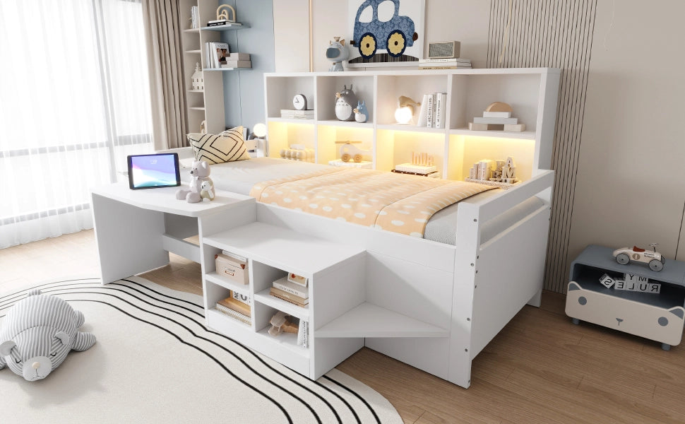 DESMIU Lit mezzanine 90 × 200 cm 1 posto con scrivania, vani contenitore, LED, USB e presa, senza materasso, bianco