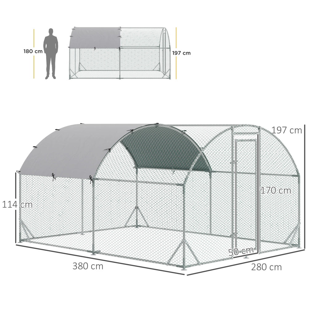 Recinto per Galline in Metallo Galvanizzato con Tetto e Copertura Anti UV, 280x380x197 cm, Argento