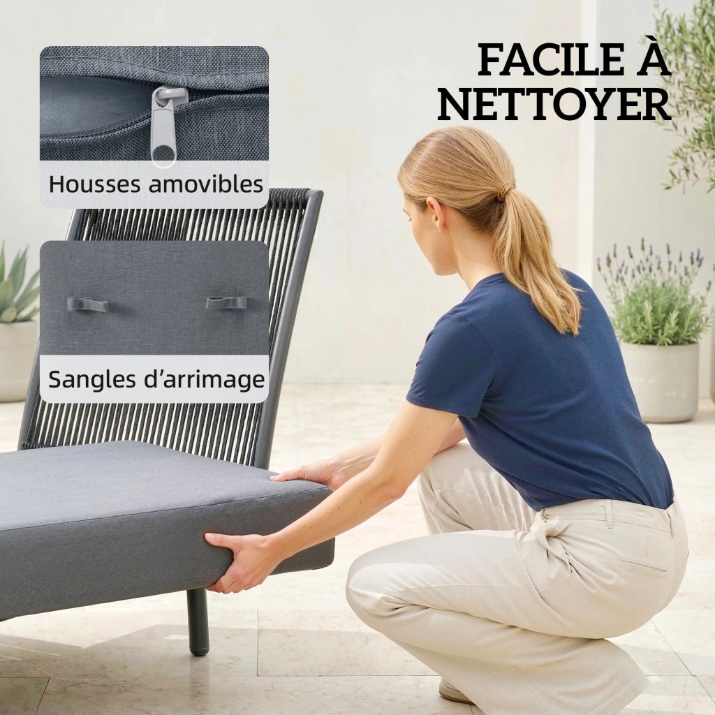 Lettino Prendisole da Giardino ¨C Xylo ¨C con Cuscini e Ripiano Laterale Metallo Grigio 58x137x75cm