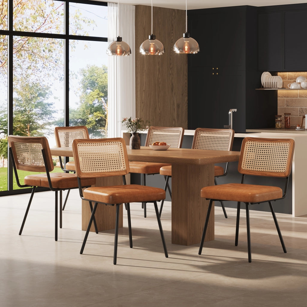 Sedia da pranzo ergonomica in PU e rattan con gambe in metallo, marrone