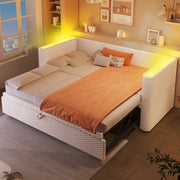 Letto multifunzione estraibile in velluto beige con LED e rete a doghe