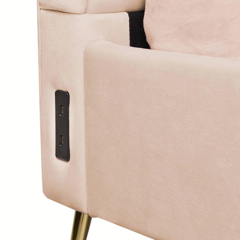 Letto in velluto beige rivestito con gambe in metallo dorato UE Dimensioni doppie 180 x 200 cm con testata con porta USB Camera da letto moderna e glam.