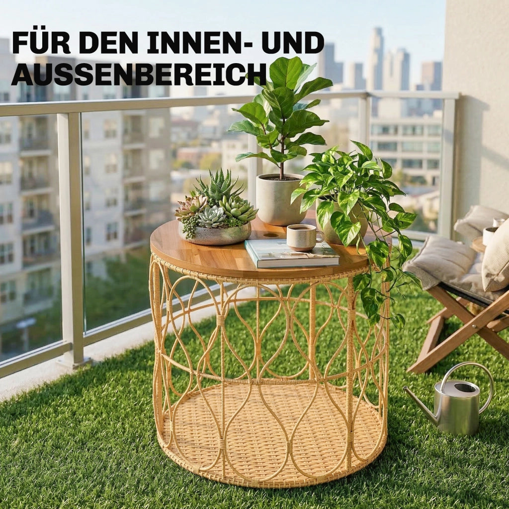 Comodino laterale da 50 cm con piano effetto rattan in legno di acacia regolabile in teak