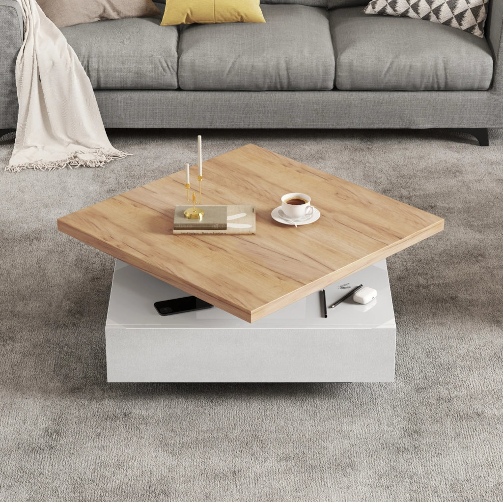 Tavolino da caffè quadrato girevole 360° con cassetto 70x70x36 cm in truciolare; noce e bianco lucido