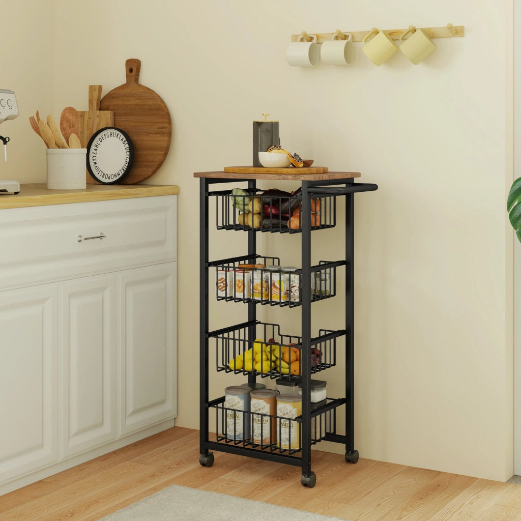 Carrello da Cucina con 4 Cestelli Scorrevoli ¨C Xylo ¨C Struttura in Acciaio 49,5x31x91 cm Rovere