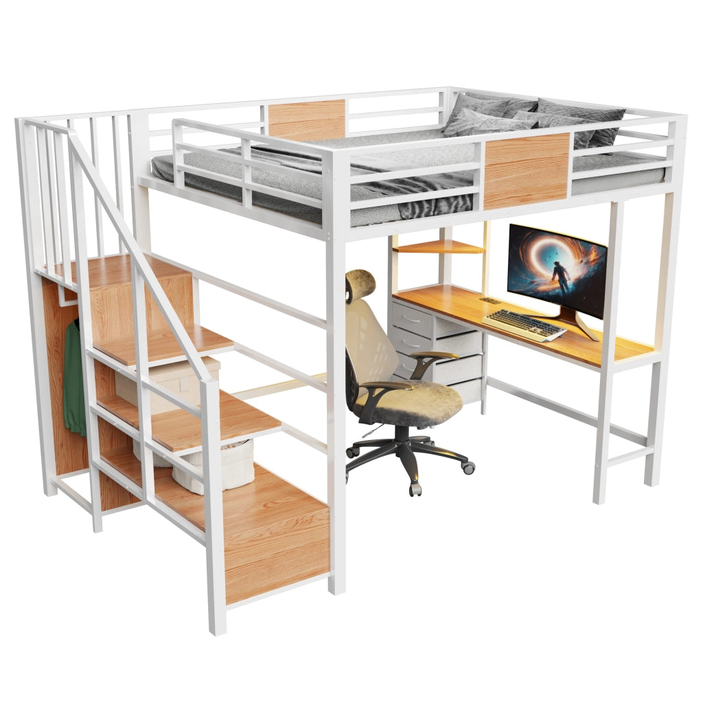 Letto a soppalco matrimoniale 140×200 cm con scrivania; ripiani; asta appendiabiti; LED e presa; senza materasso; metallo; bianco