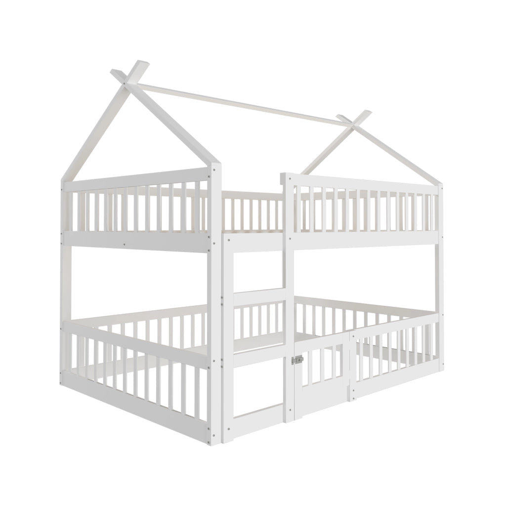 Letto a castello in legno massello con scala; porta e ripiani; bianco; 140x200 cm