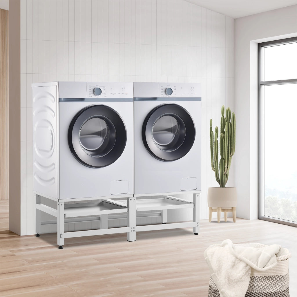 Supporto Doppio Bothel per Lavatrice in Acciaio con Ripiani Estraibili 124 x 54 x 37 cm - Bianco [en.casa]