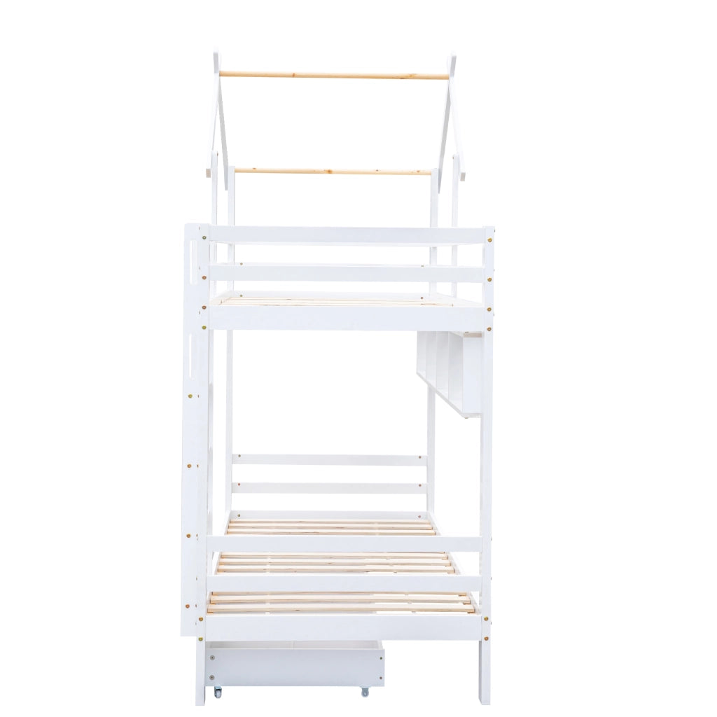 LETTO A CASTELLO con cassetti e ripiani 90x200 cm Bianco Legno massello e MDF