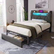 Letto singolo 90x200 cm con LED, USB/Type-C, testiera contenitore e cassetto