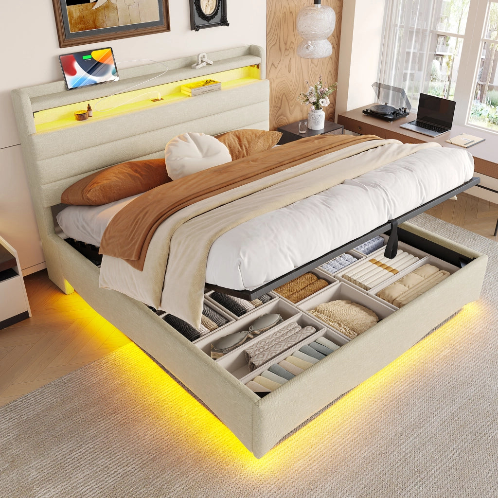 letto imbottito lino beige 140 x 200 cm