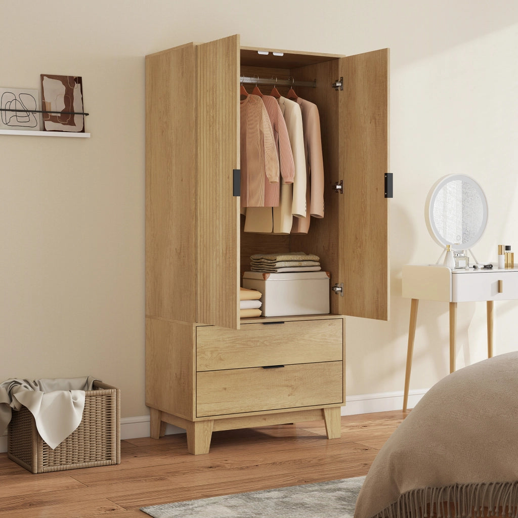 Armadio 2 ante scorrevoli ¨C Xylo ¨C 2 cassetti, barra appendiabiti, legno naturale, 80x50x180cm