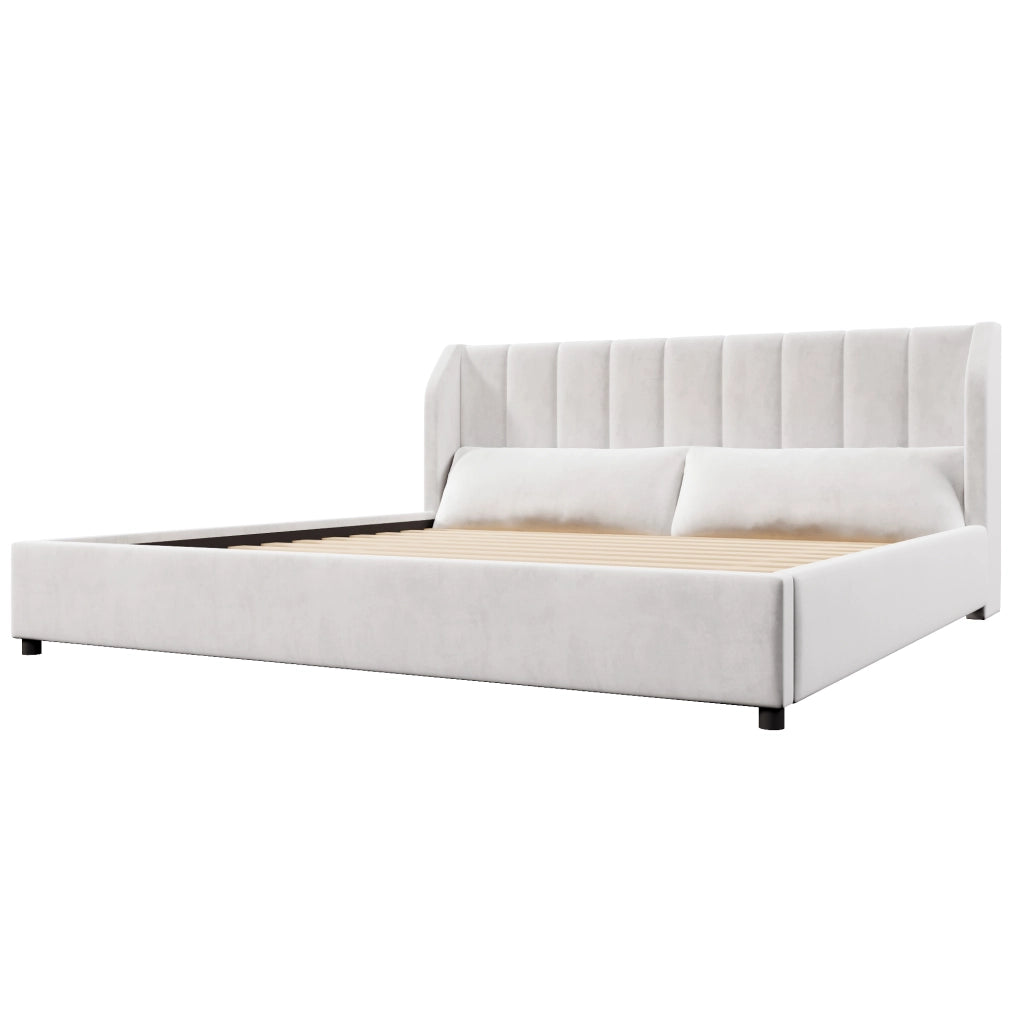 DESMIU Letto matrimoniale 180 × 200 cm 2 posti con testiera imbottita, 2 cuscini, senza materasso, beige