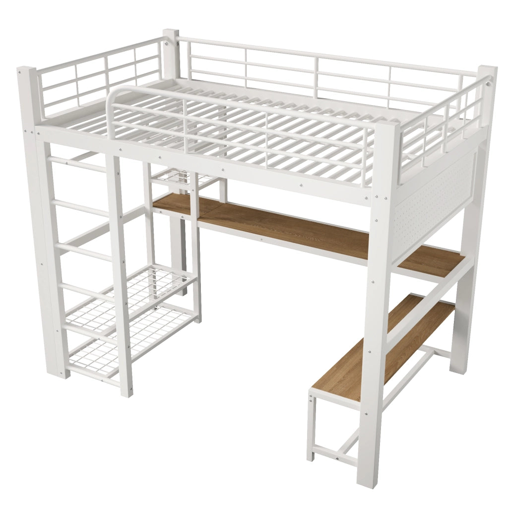 Letto a soppalco in metallo 140x200 cm con scrivania, LED e spazio contenitivo, bianco