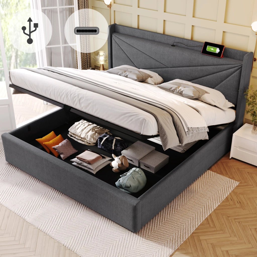 LETTO Contenitore 160x200 cm Grigio Cotone-Lino con USB e Tipo-C