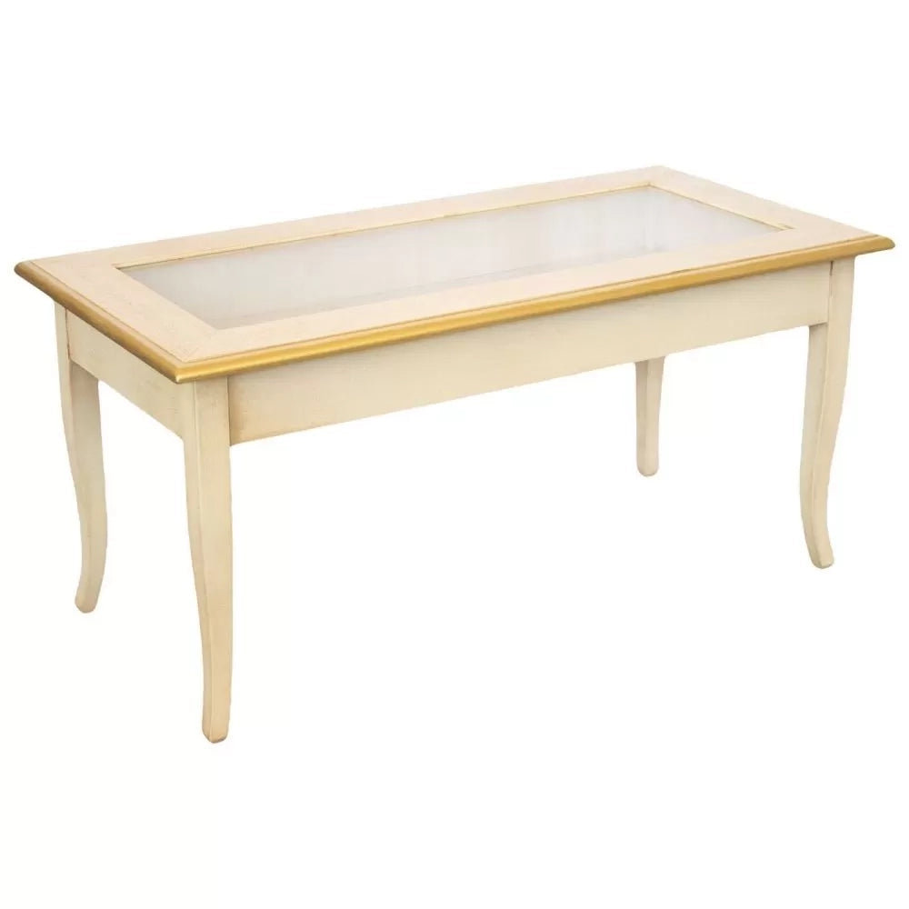 Tavolino bacheca shabby legno avorio anticato filo oro 100x50x47 - Mobili 2G