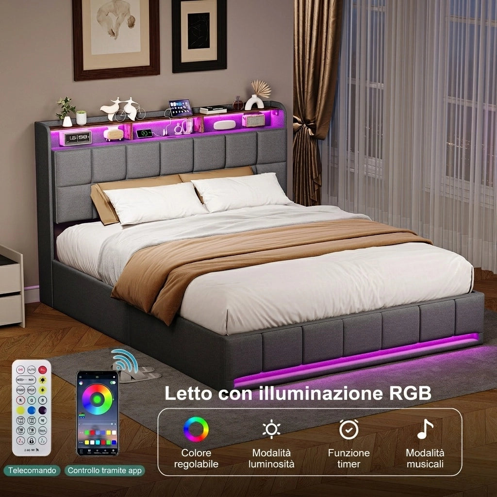Letto matrimoniale 160x200 cm con contenitore LED USB testiera con mensola rete a doghe in lino - grigio
