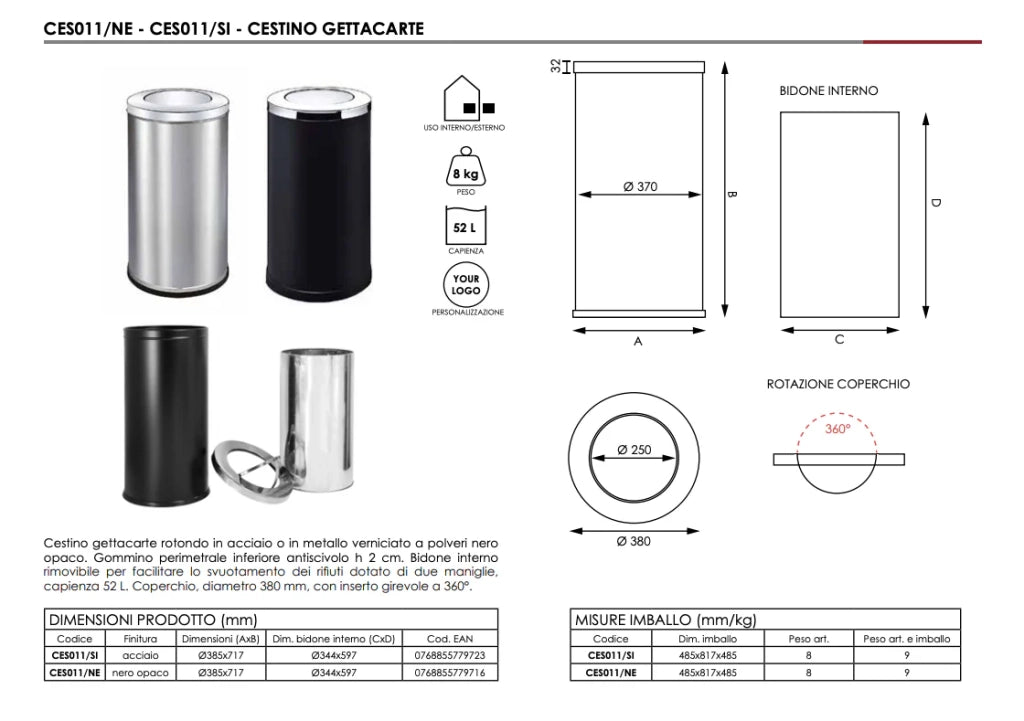 Cestino gettacarte da esterno con apertura e chiusura - Silver