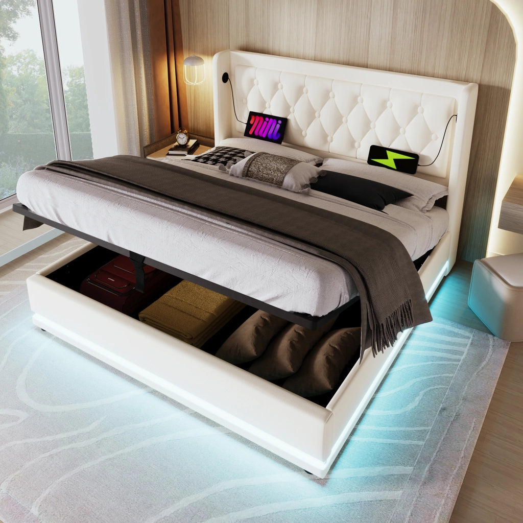 Letto contenitore matrimoniale 140×200 cm con LED; USB Type-C; testiera imbottita; materasso incluso; PU; bianco