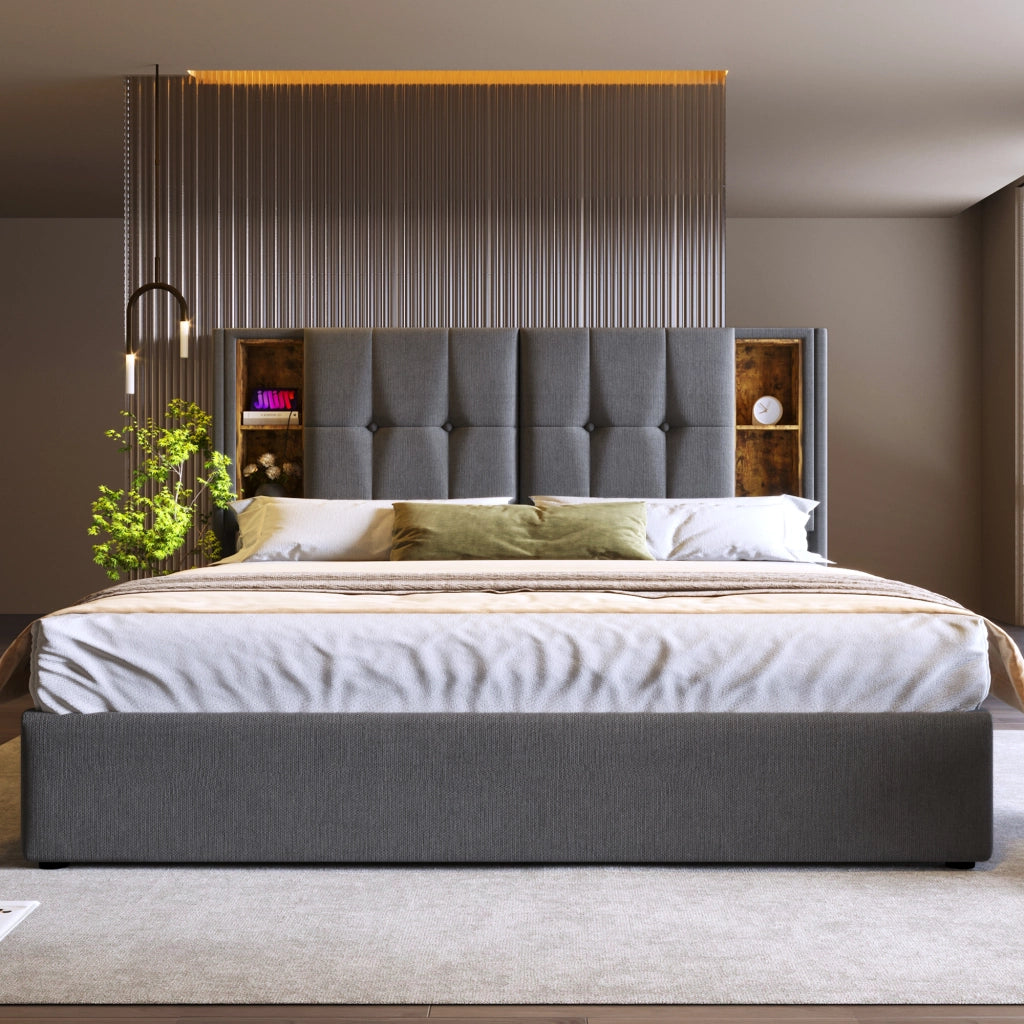 Letto imbottito 140x200 cm con ricarica wireless, USB e contenitore, grigio