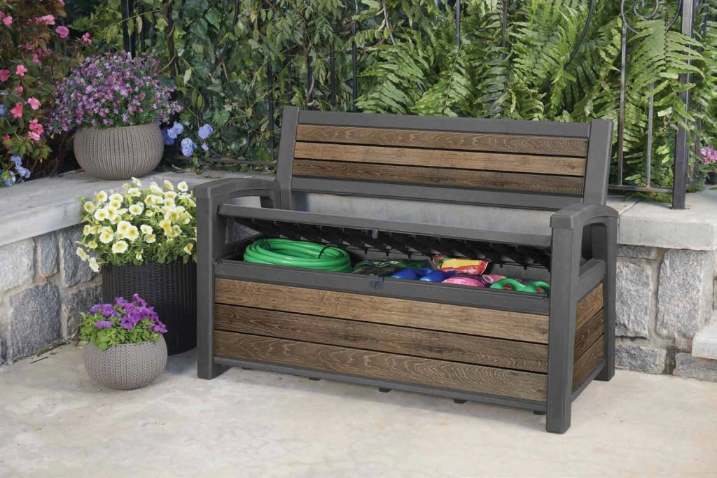Cassapanca outdoor Estevan, Baule da giardino, Contenitore da esterno, Panchina contenitore da esterno, 133x61 h89 cm, Noce