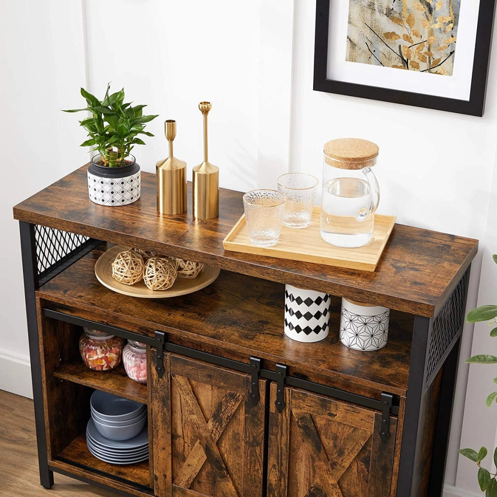 Credenza Industriale Rustica con Ante Scorrevoli in Legno e Metallo