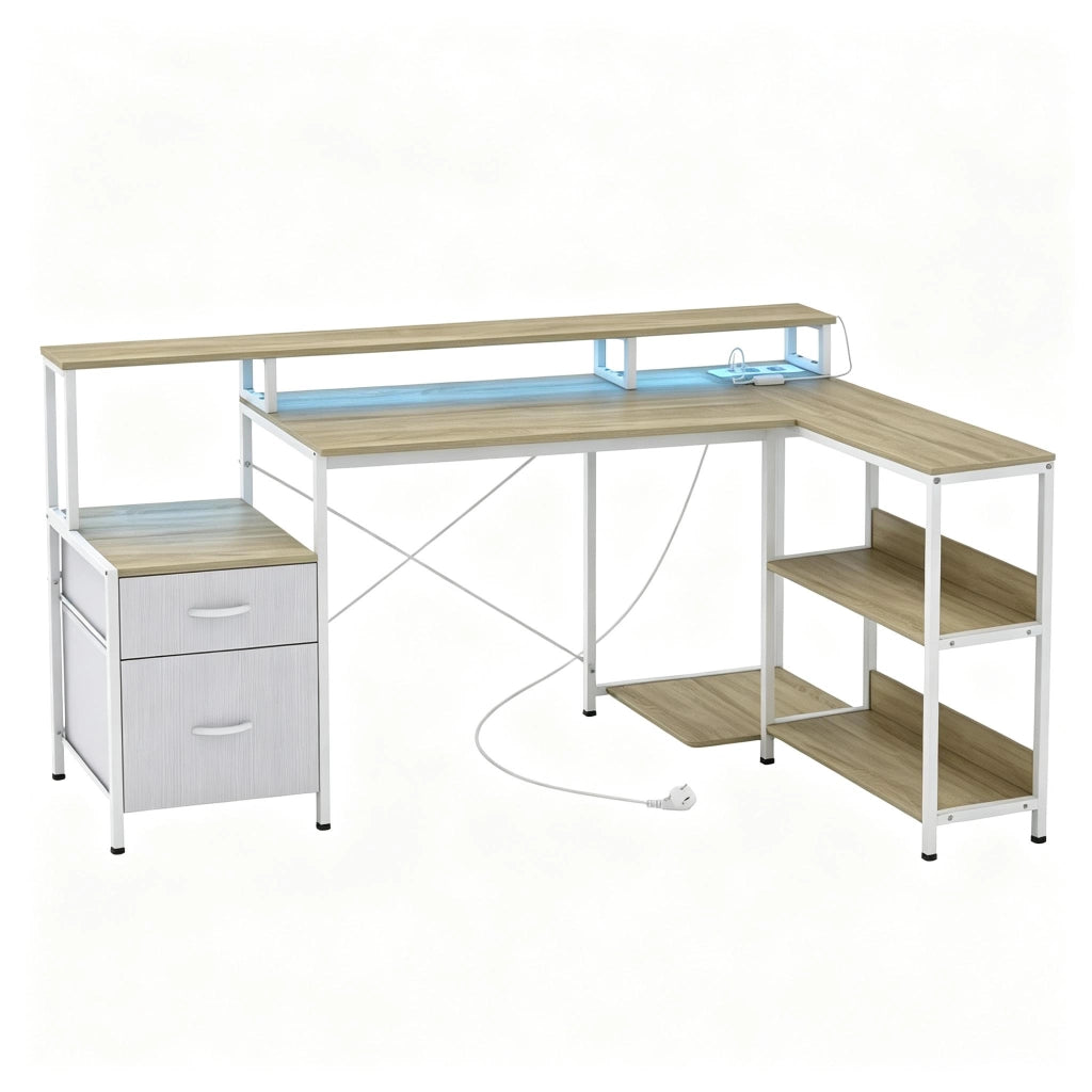 Scrivania angolare con LED, 2 cassetti in tessuto, supporto monitor e prese, bianca 172 × 100 × 89 cm
