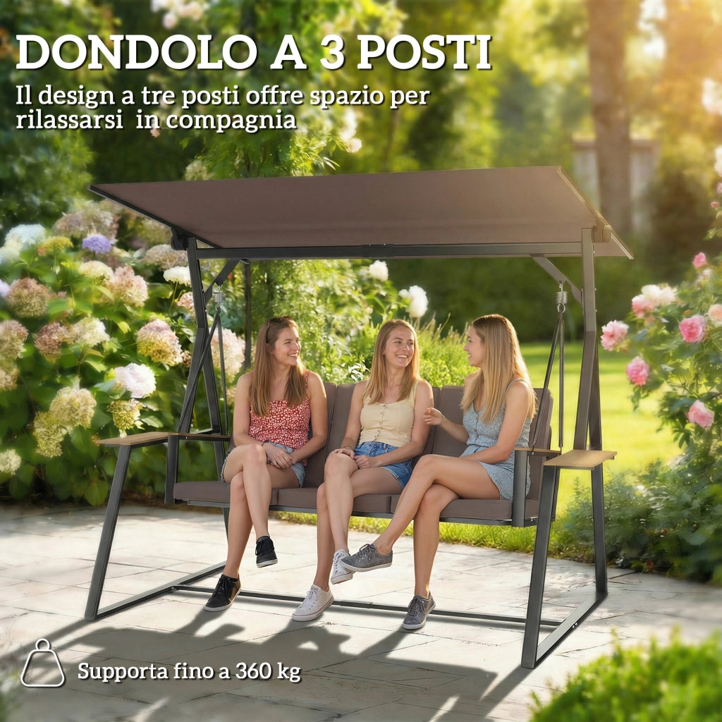 Dondolo da Giardino 3 Posti con Tettuccio Regolabile ¨C zephmum ¨C Marrone, Metallo, 222x131x175 cm