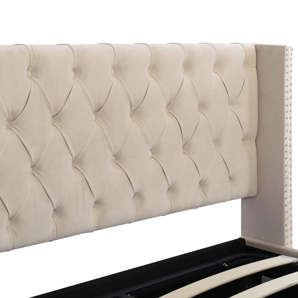 Letto imbottito matrimoniale 140x190 cm in velluto beige con contenitore e rete a doghe