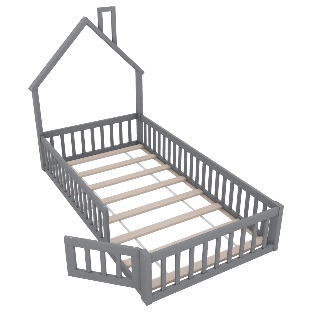 Letto a casetta con camino; recinzione di sicurezza e doghe; pino e MDF; grigio; 90x200 cm; senza materasso