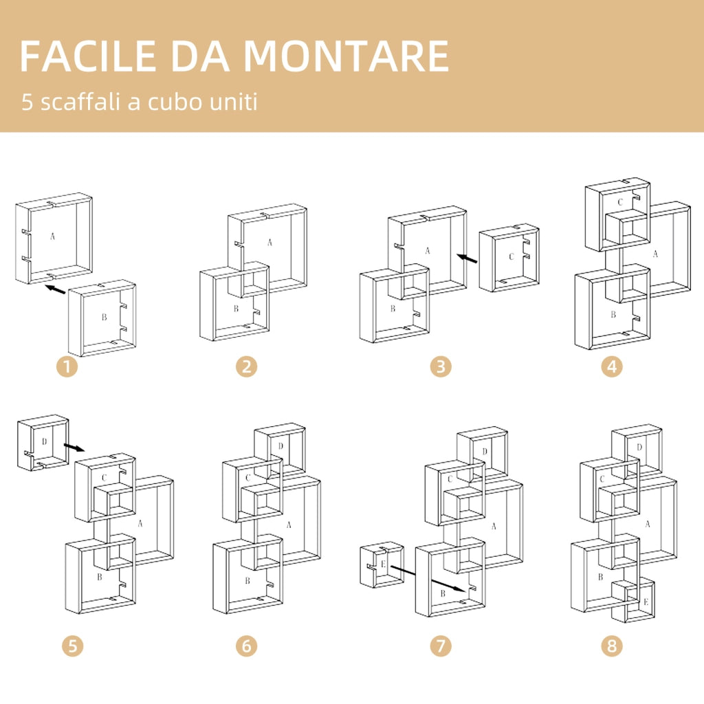 Libreria Moderna Sospesa con 5 Cubi Intrecciati ¨C Zephmum ¨C Bianco Legno 49.5x10.2x86cm
