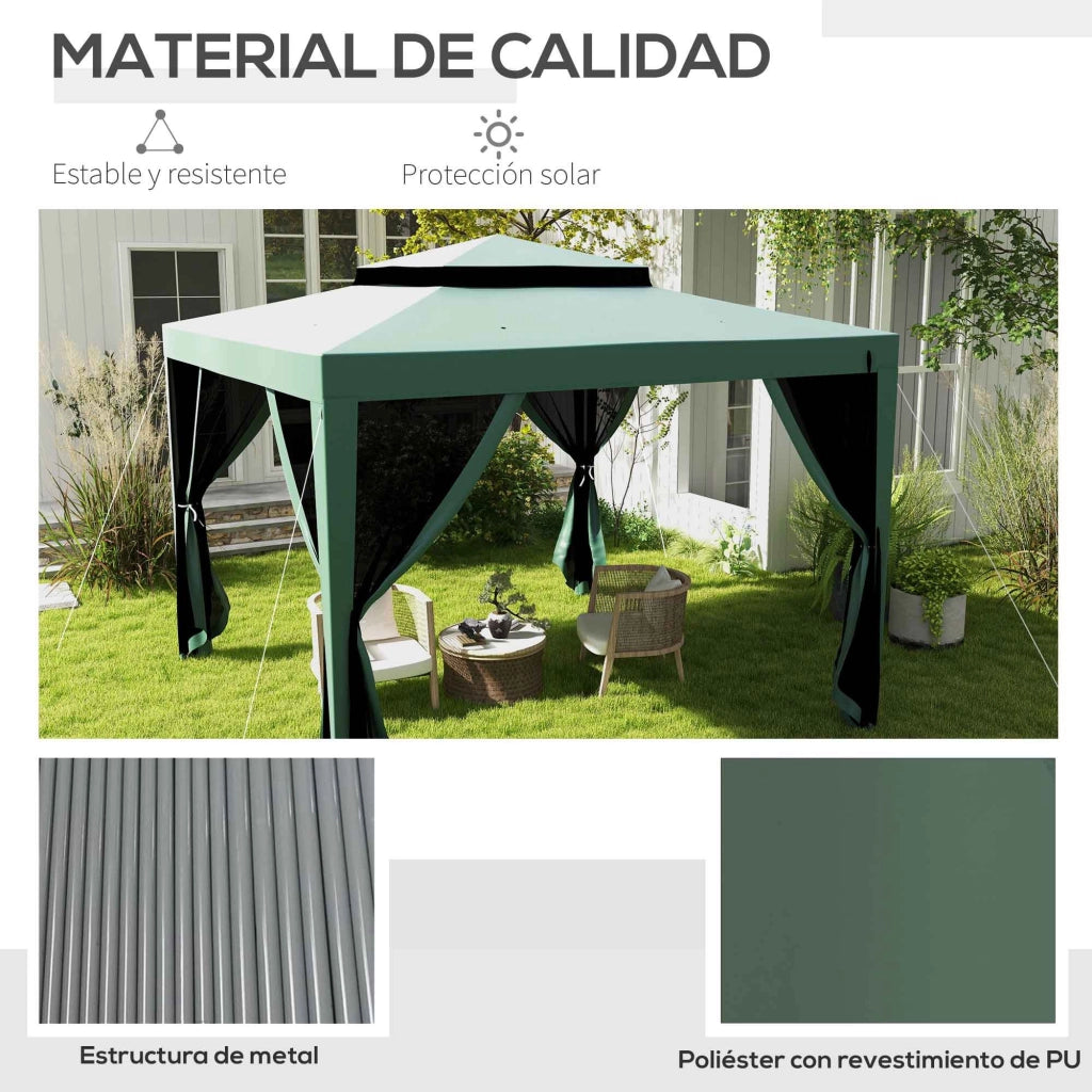 Gazebo da Giardino 3x3 m ¨C Zephmum ¨C Verde con 4 Mosquitiere e Tetto Doppio