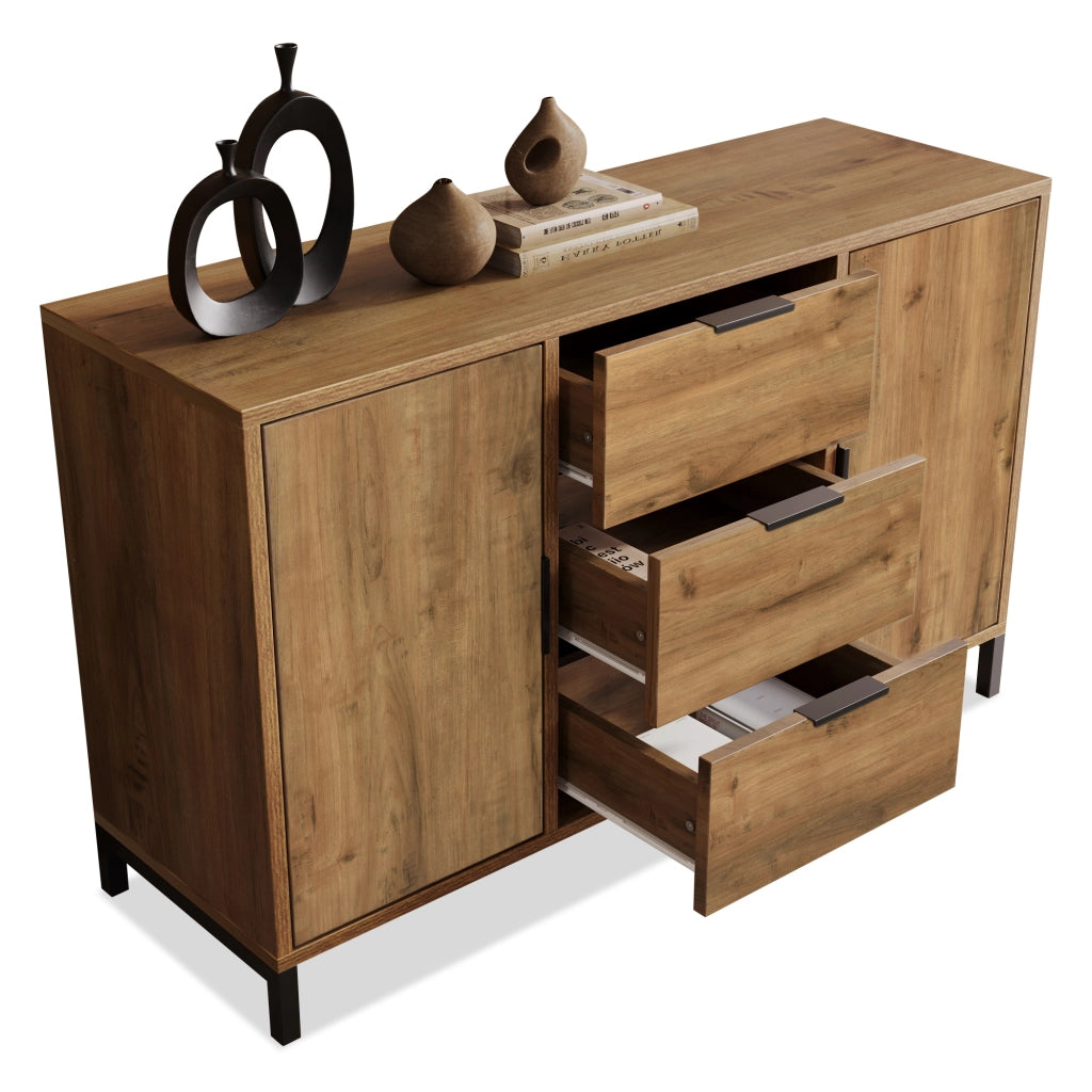OKWISH Credenza 2 Ante e 3 Cassetti, Ripiano Regolabile, per Camera da Letto e Soggiorno, Legno e Metallo, 120 x 40 x 76 cm
