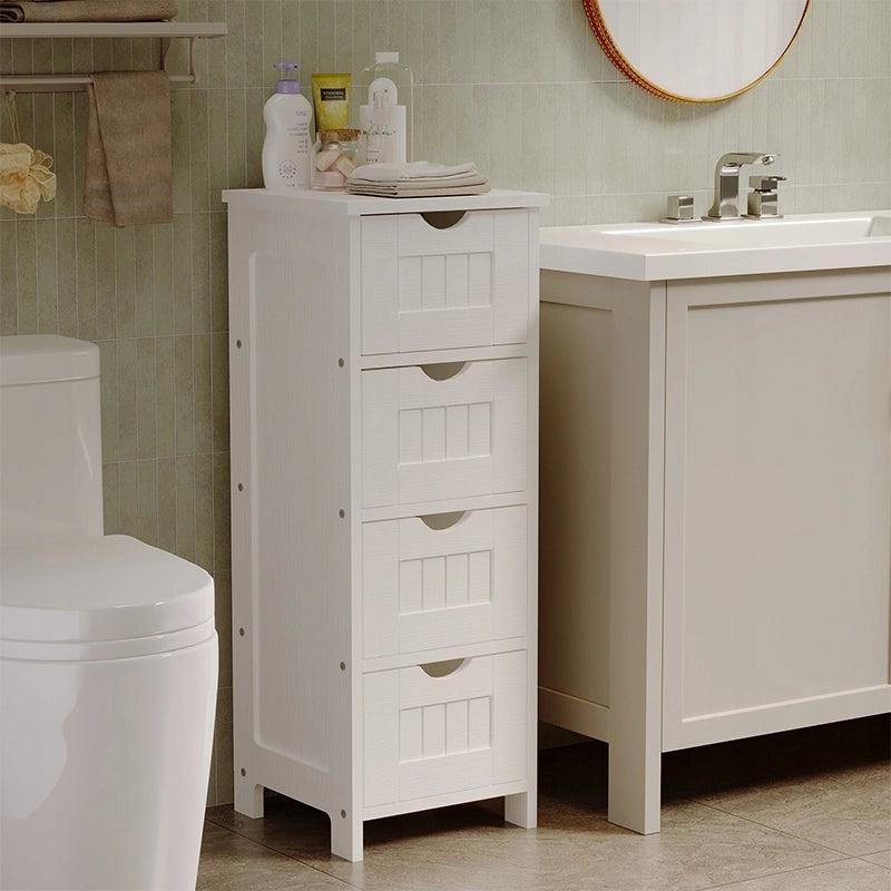 Mobile da bagno stretto, colonna a scaffali bianca con cassetti e ripiano, stile scandinavo
