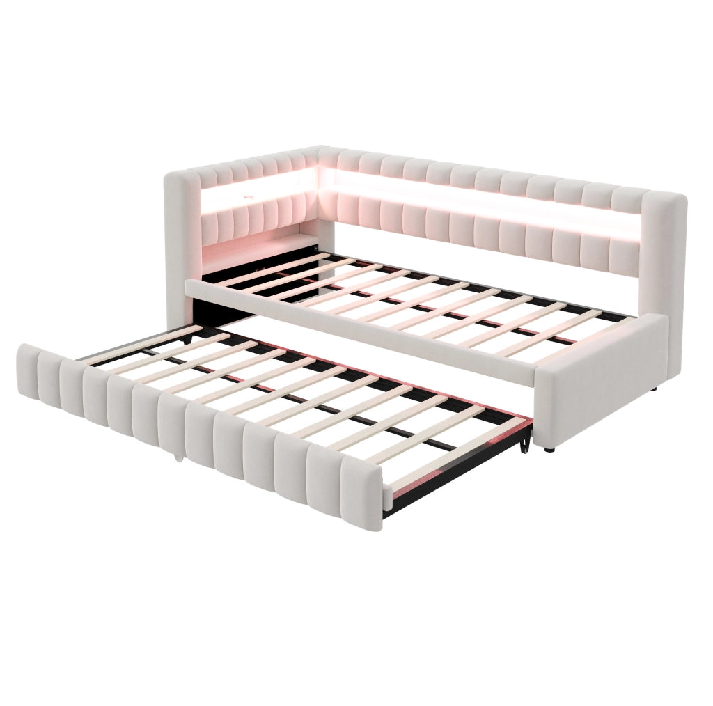 Divano letto estraibile 90x200 cm con LED, USB e vani integrati beige