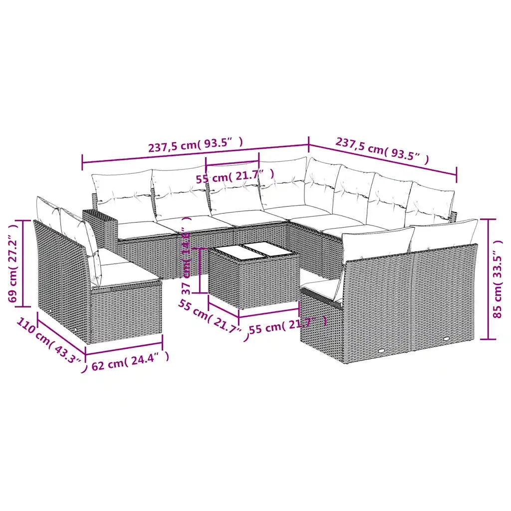Set Divani da Giardino 12 pz con Cuscini Marrone in Polyrattan