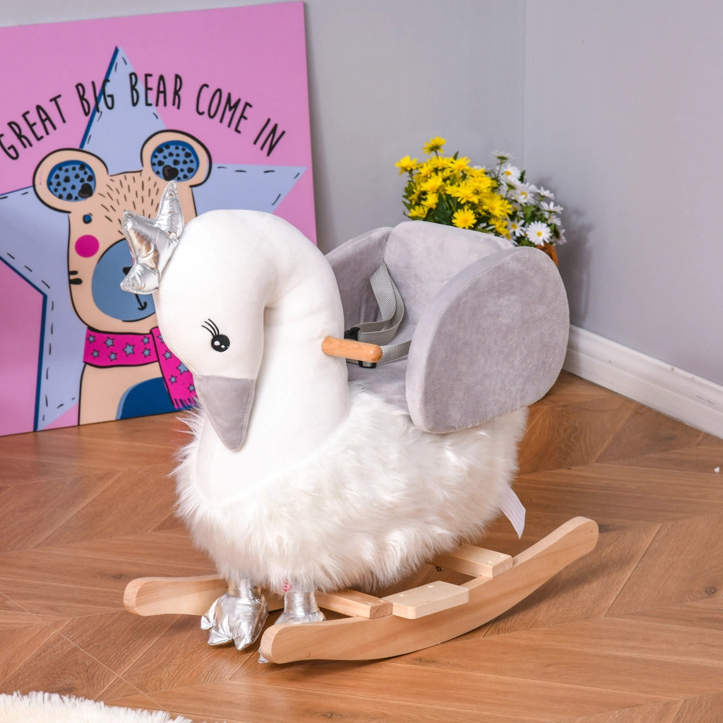 Cigno a Dondolo per Bambini ¨C zephmum ¨C Bianco e Grigio in Legno e Peluche
