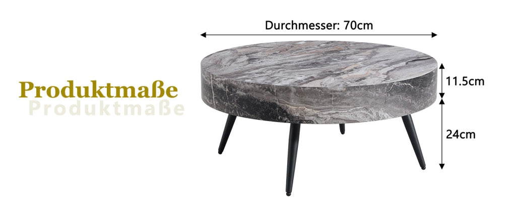 Tavolino rotondo da caff¨¨ con diametro di 70 cm in MDF effetto marmo grigio e gambe in metallo nero. Design minimalista, ideale per soggiorni e piccol
