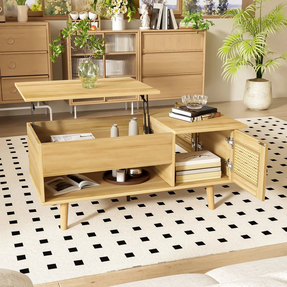 Tavolino da Salotto con Piano Alzabile e Ante in Rattan ¨C MINIMAL ¨C Legno e Nero
