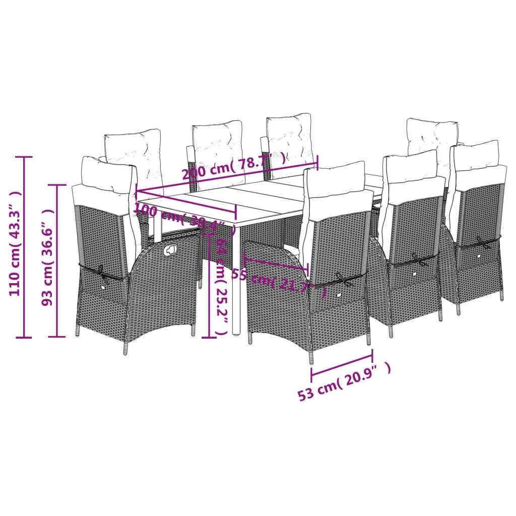 Set da Pranzo da Giardino 9 pz con Cuscini Nero in Polyrattan 3213192