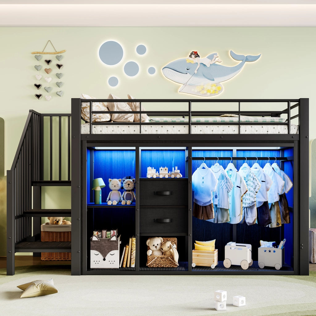 Letto a soppalco 90×200 cm con 2 cassetti; armadio aperto; LED; 3 vani portaoggetti; senza materasso; nero
