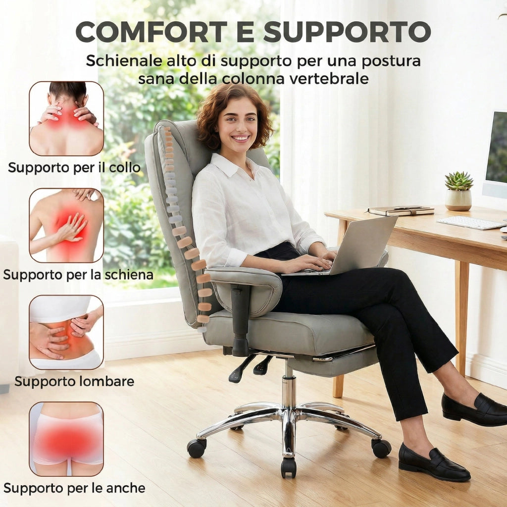 Sedia da Ufficio Ergonomica Reclinabile con Poggiapiedi ¨C Xylo ¨C Schienale Alto, Grigio Chiaro