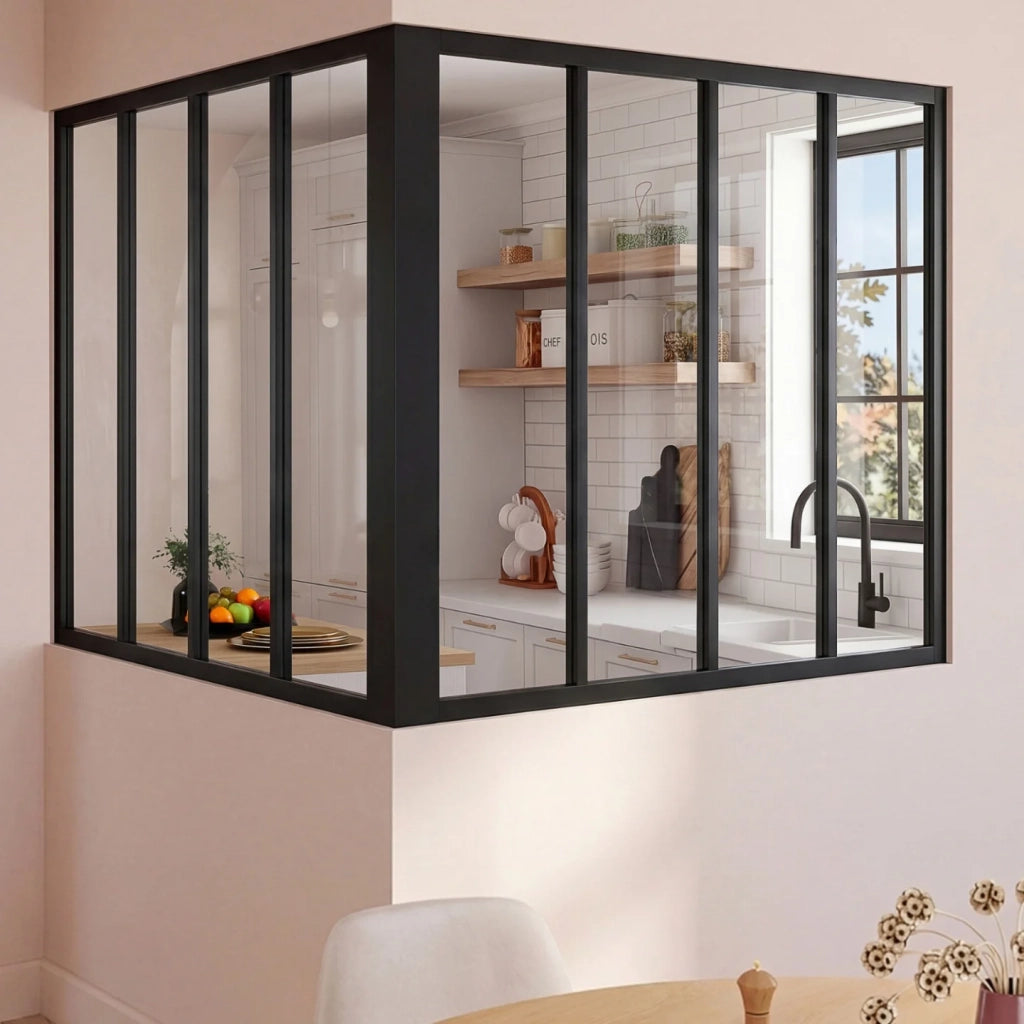 IDMarket - Tetto in vetro angolare a 8 vetri L. 116 x L.116 x H.108 cm in metallo nero e vetro temperato