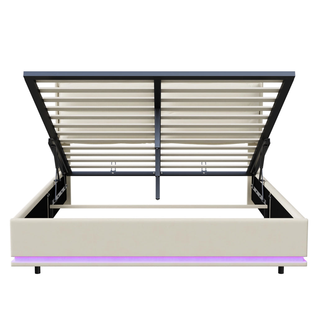 Letto contenitore 160x200 cm velluto beige, testiera imbottita, ricarica wireless, USB‑C e USB, luci RGB‑LED con telecomando, meccanismo idraulico