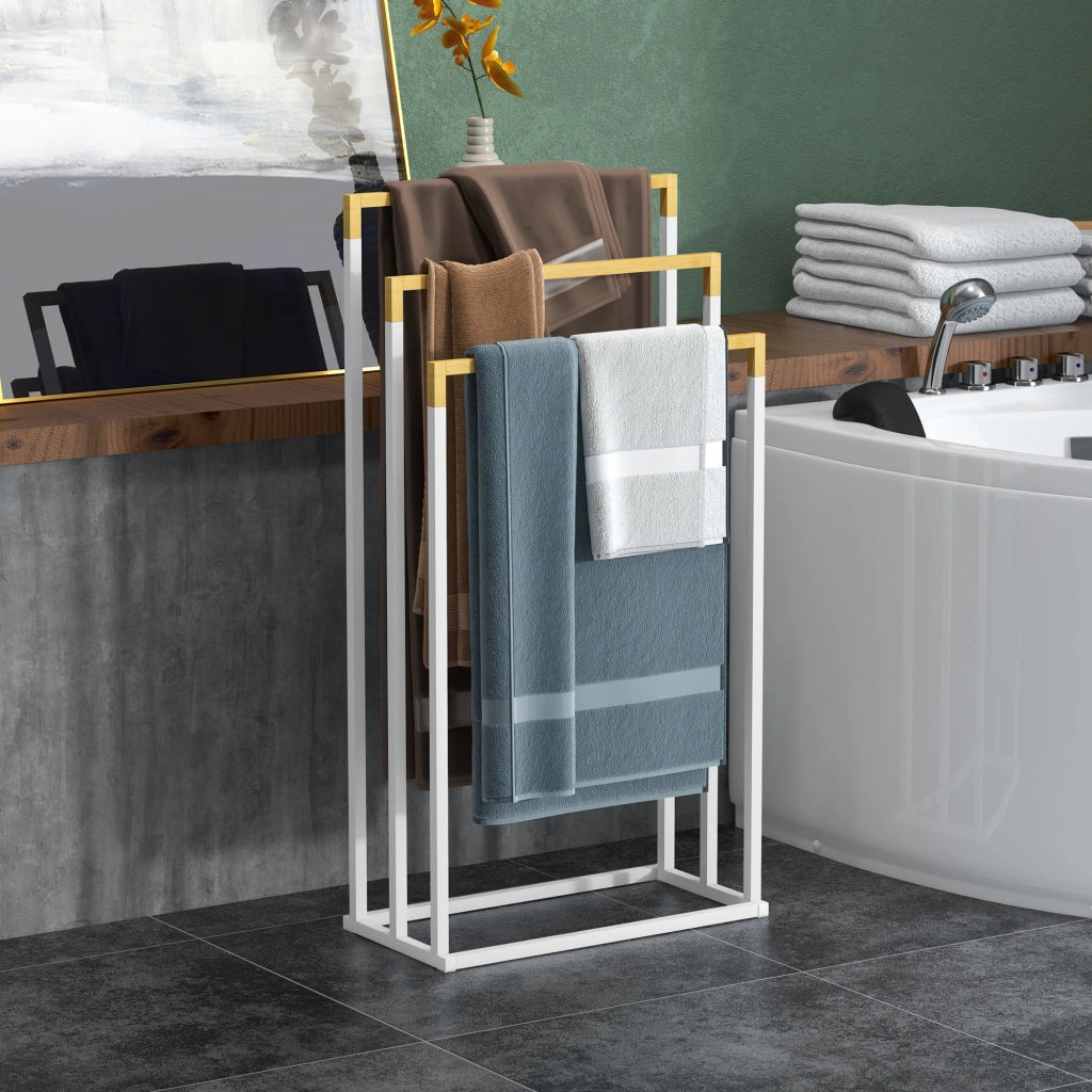 Portasciugamani Autoportante 3 Sbarre Bamb¨´ Acciaio ¨C Xylo ¨C Bianco Legno 45x22.5x86cm