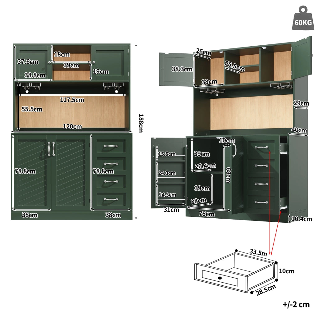 Credenza con 4 Ante 2 Cassetti Portabottiglie e LED per Sala da Pranzo in MDF Verde 120 x 40 x 188 cm
