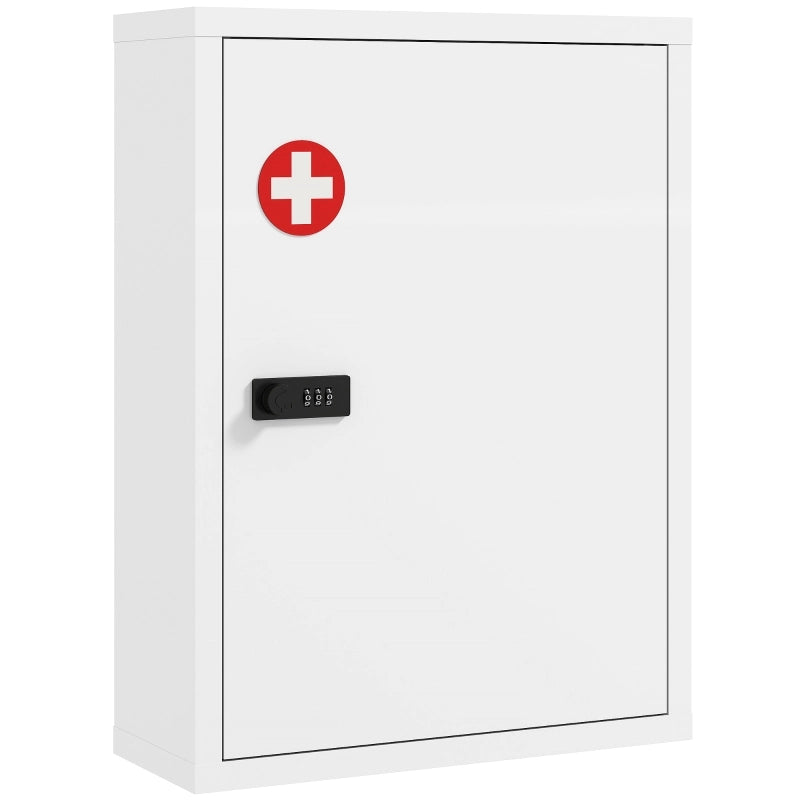 Armadietto a muro per medicinali, mobiletto da bagno con serratura a combinazione, anta e vani portaoggetti, bianco