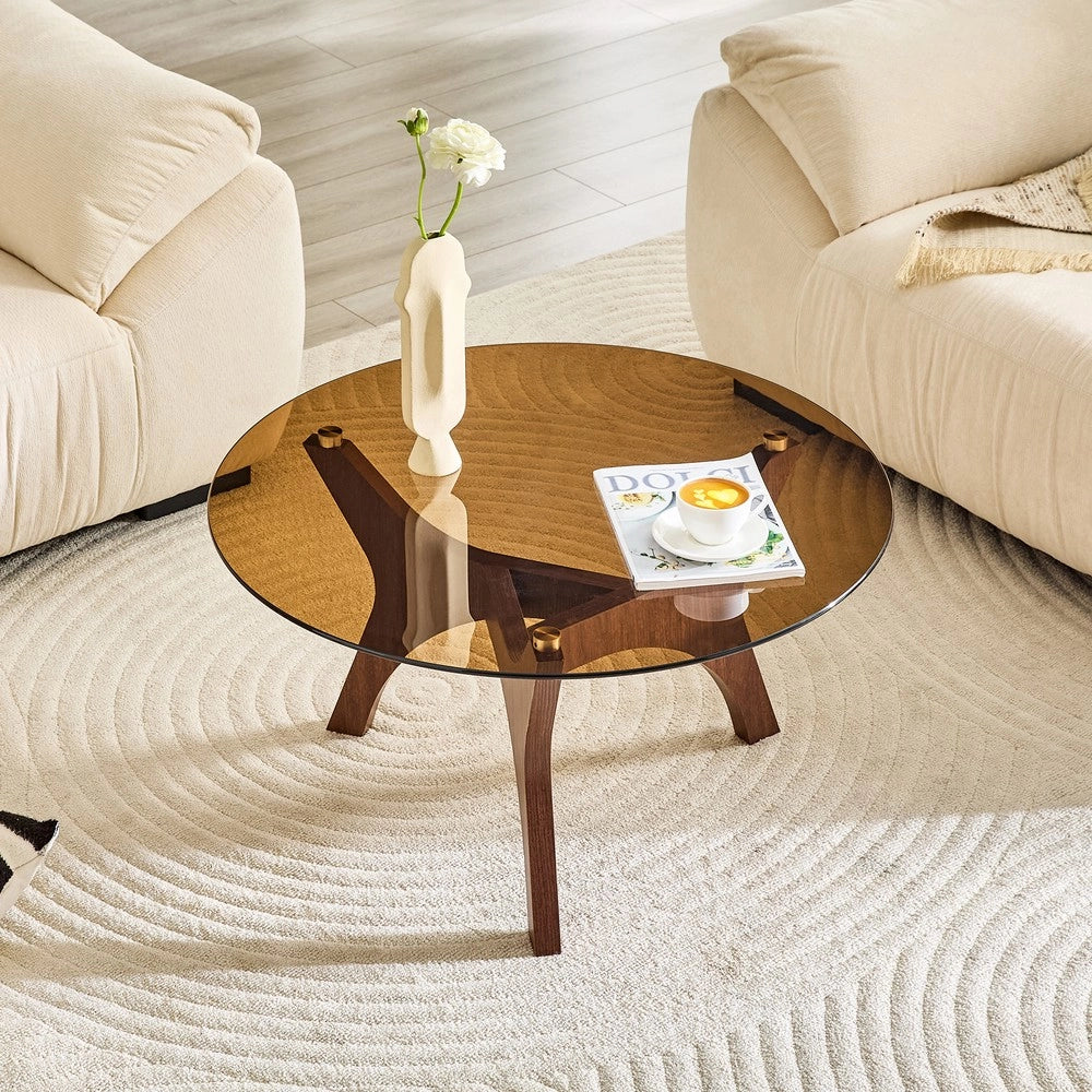Tavolino da Caff¨¨ Rotondo ¨C MINIMAL ¨C Piano in Vetro Ambra, Struttura in Legno Marrone, 80cm