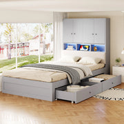 Letto singolo per bambini 90x200 cm con testiera imbottita; vani; LED; presa elettrica; cassetto e rete; legno grigio